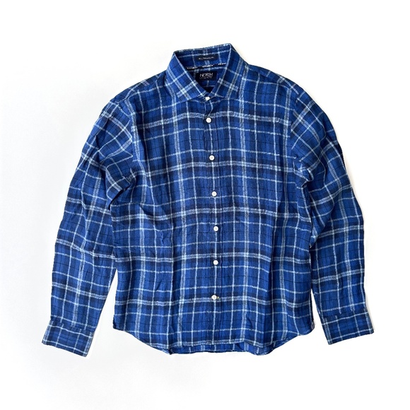 North Country European Flax Linen Blue Check L/S Button Front Shirt Medium M - Picture 1 of 3
